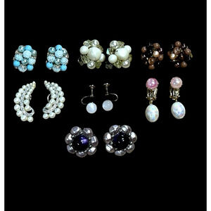 Lot 7 Pair Vintage Earrings Clip On Screw Back Cluster Bead Dangle Variety Color